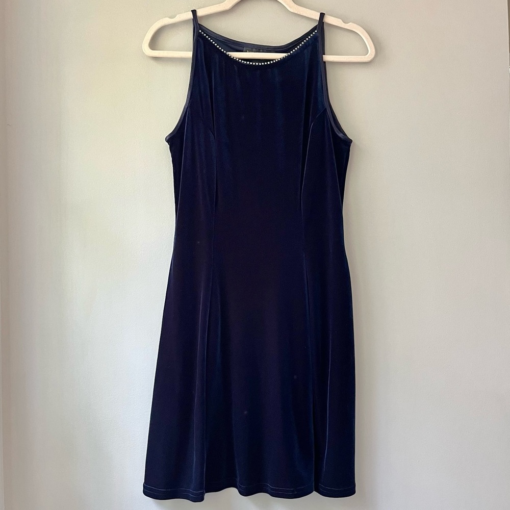 Gunne Sax Jessica McClintock Vintage Navy Blue Velvet Rhinestone Neckline Dress